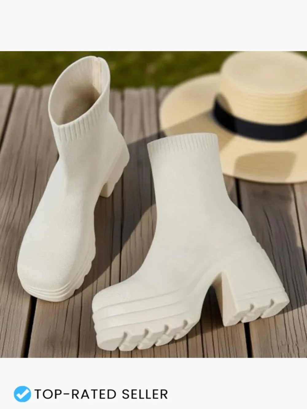 Square Toe Platform Sock Boots Chunky Block Heel Knit Ankle Booties Slip On